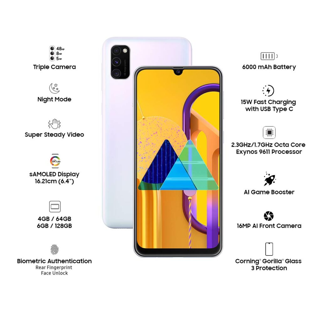 Samsung Galaxy M30s (White, 4GB RAM, 64GB Storage) best gaming phones under 15000 in India